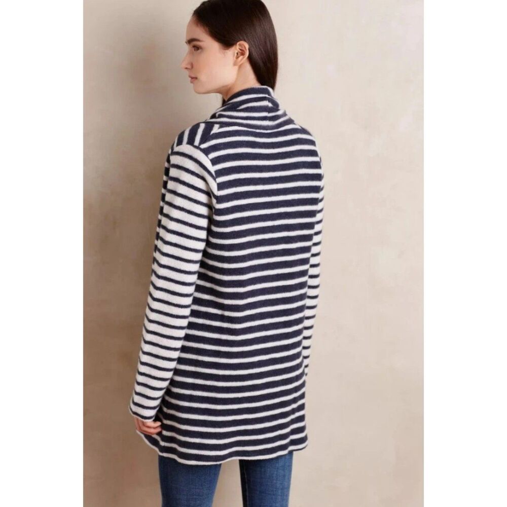 Anthropologie STARK X Navy White Stripe Skipper Sweater Stripe Cardigan Size LP - Picture 2 of 10